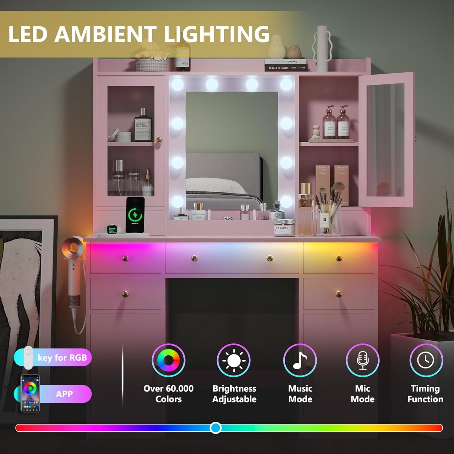 Pink Makeup Vanity Desk with Mirror and Lights - Canva Home