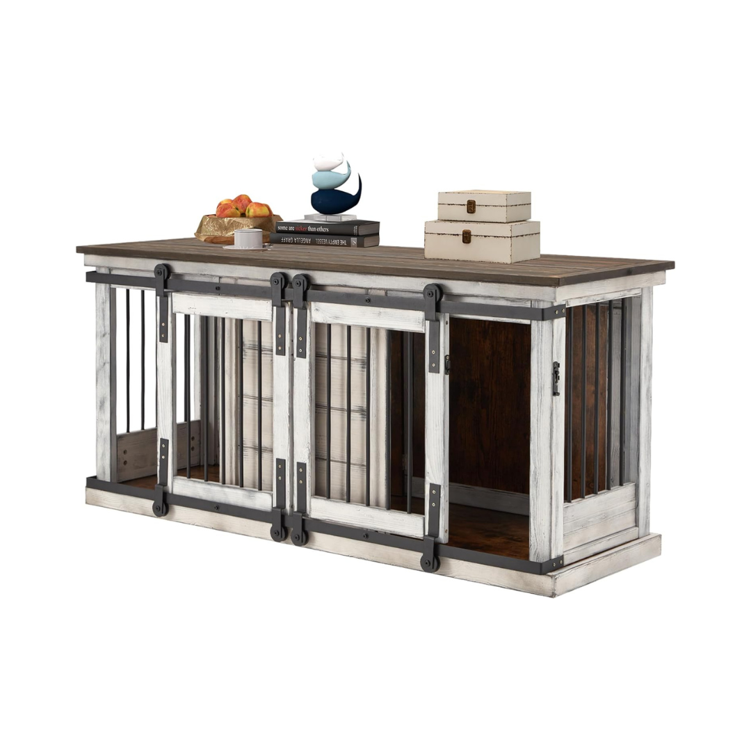 Wood Double Dog Crate Furniture For 2 Dogs