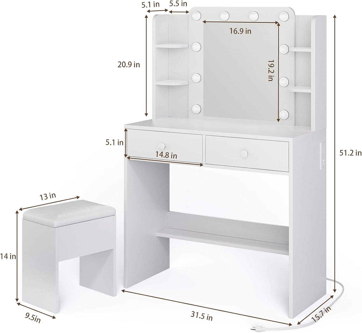 Haewon White Vanity Desk with Mirror and Lights - Canva Home