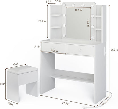 Haewon White Vanity Desk with Mirror and Lights - Canva Home