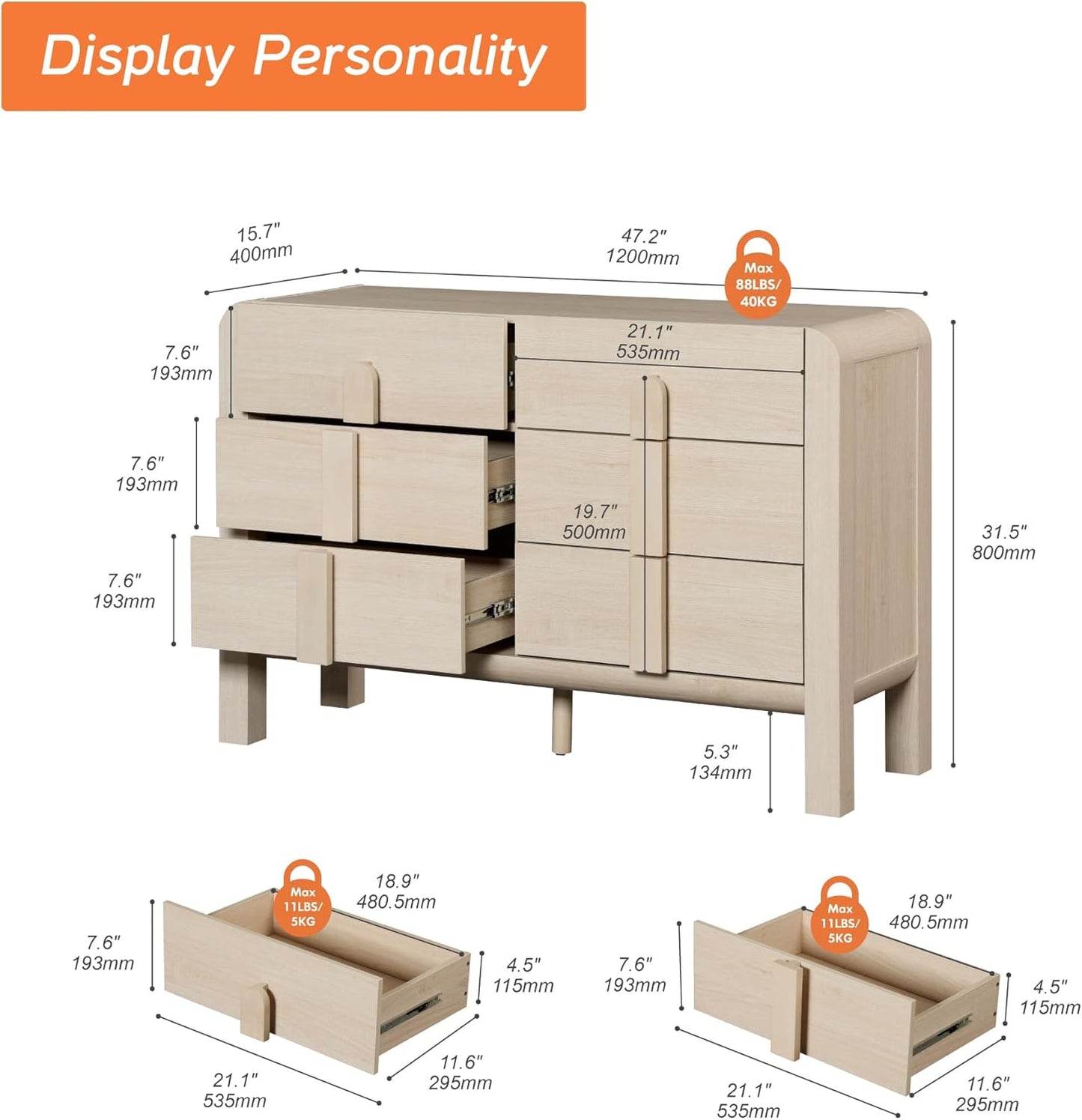 47.2" Alma 6 Drawers Mid Century Modern Drawers