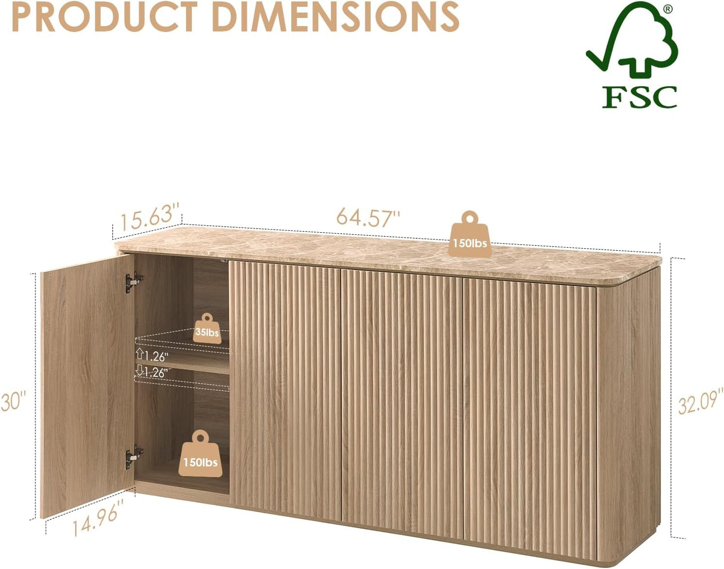 64" Fluted 4-Door Sideboard Cabinet - Canva Home
