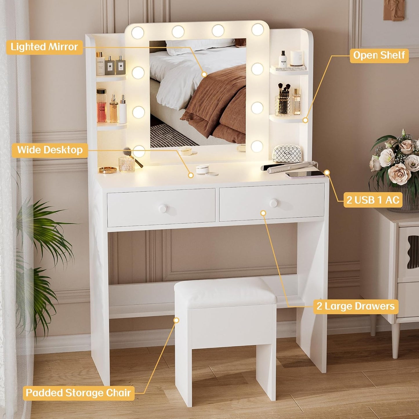 Haewon White Vanity Desk with Mirror and Lights - Canva Home