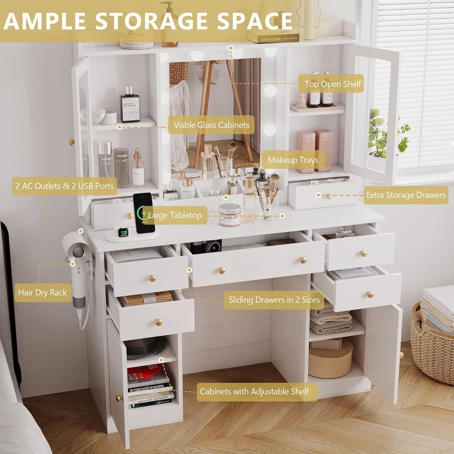 Makeup Vanity Desk with Mirror and Lights - Canva Home