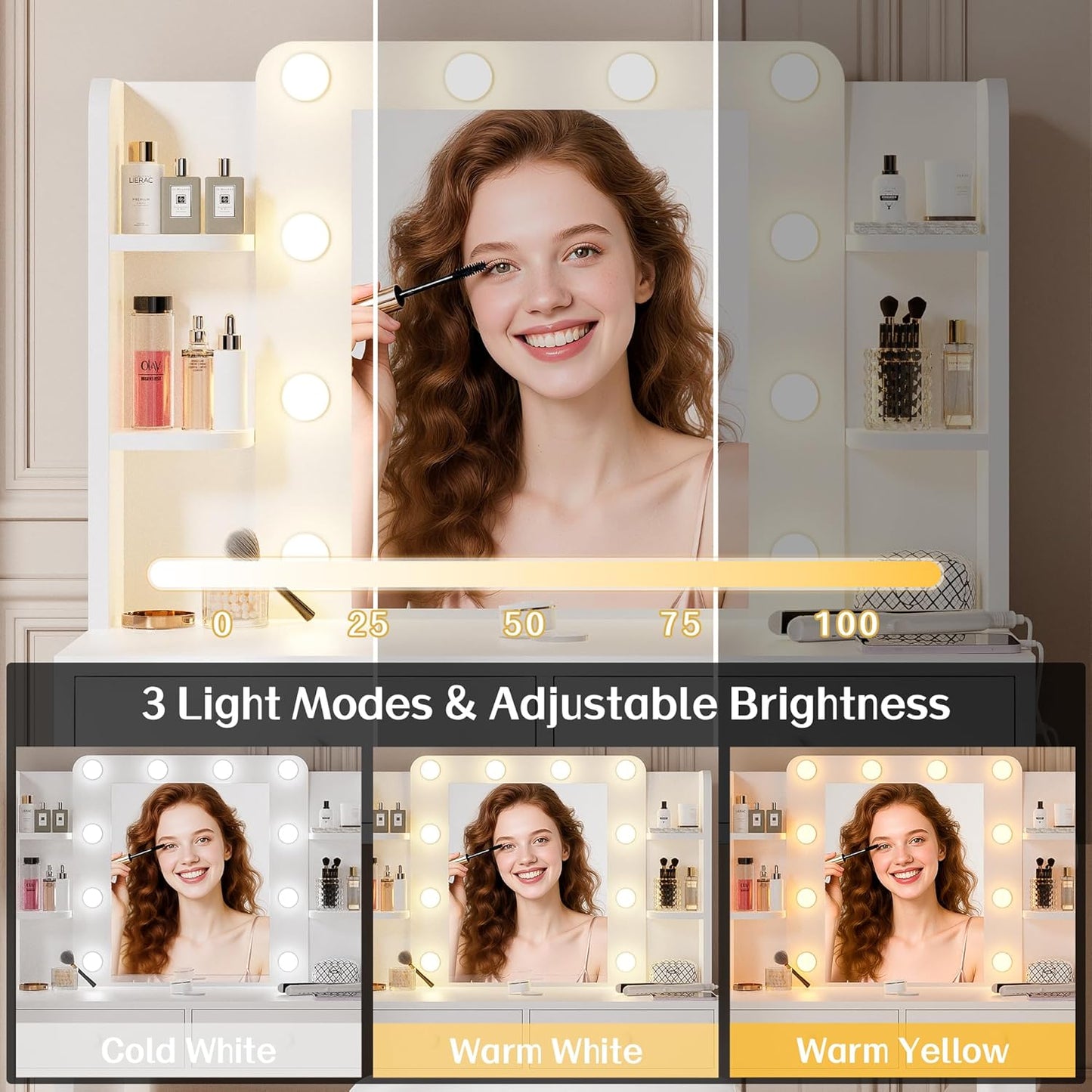 Haewon White Vanity Desk with Mirror and Lights - Canva Home