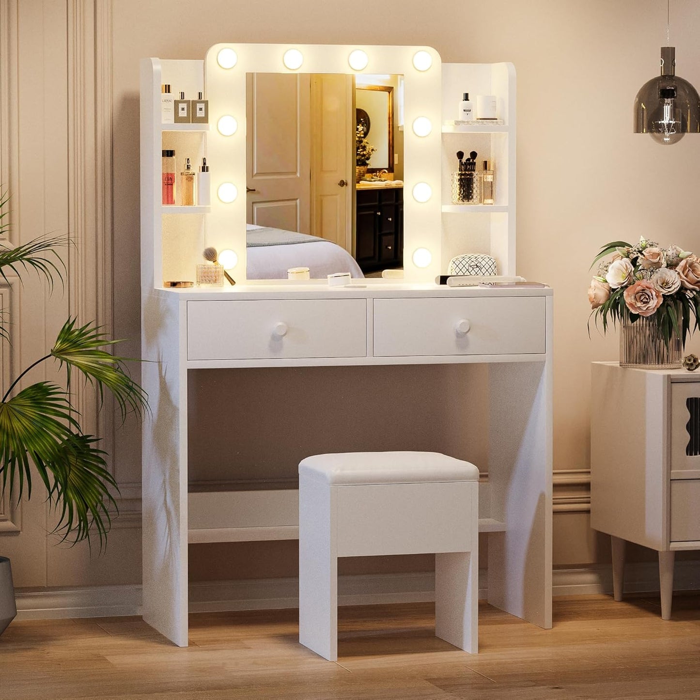 Haewon White Vanity Desk with Mirror and Lights - Canva Home