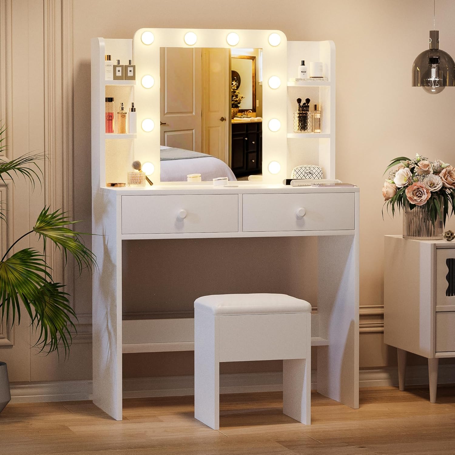 Haewon White Vanity Desk with Mirror and Lights - Canva Home