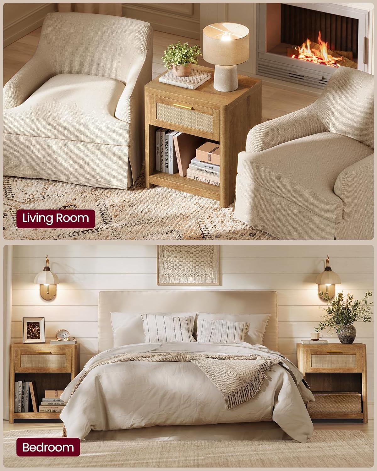 Boho Nightstands with Rattan-Look Drawer