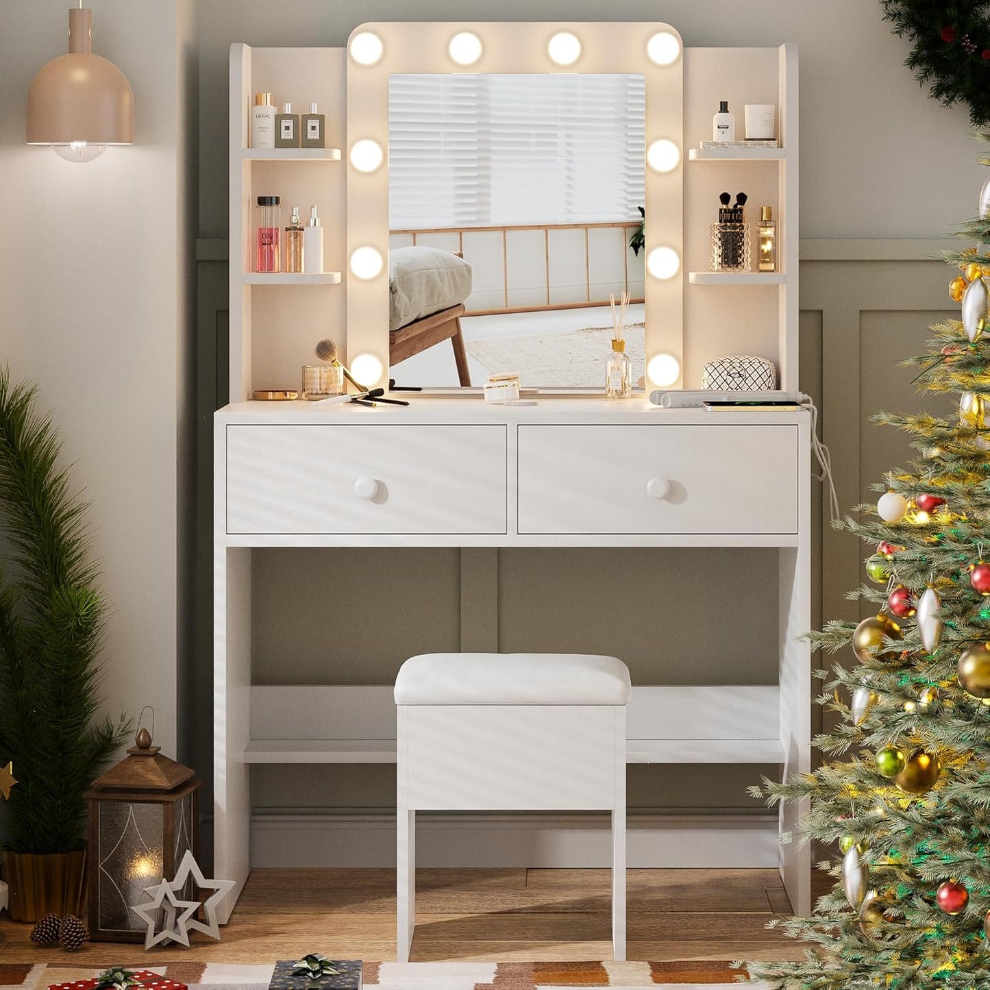Haewon White Vanity Desk with Mirror and Lights - Canva Home