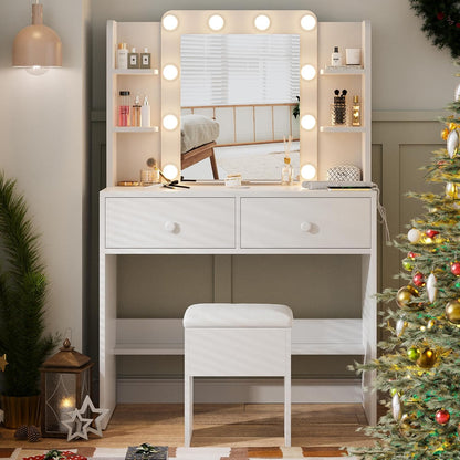 Haewon White Vanity Desk with Mirror and Lights - Canva Home