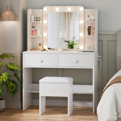 Haewon White Vanity Desk with Mirror and Lights - Canva Home
