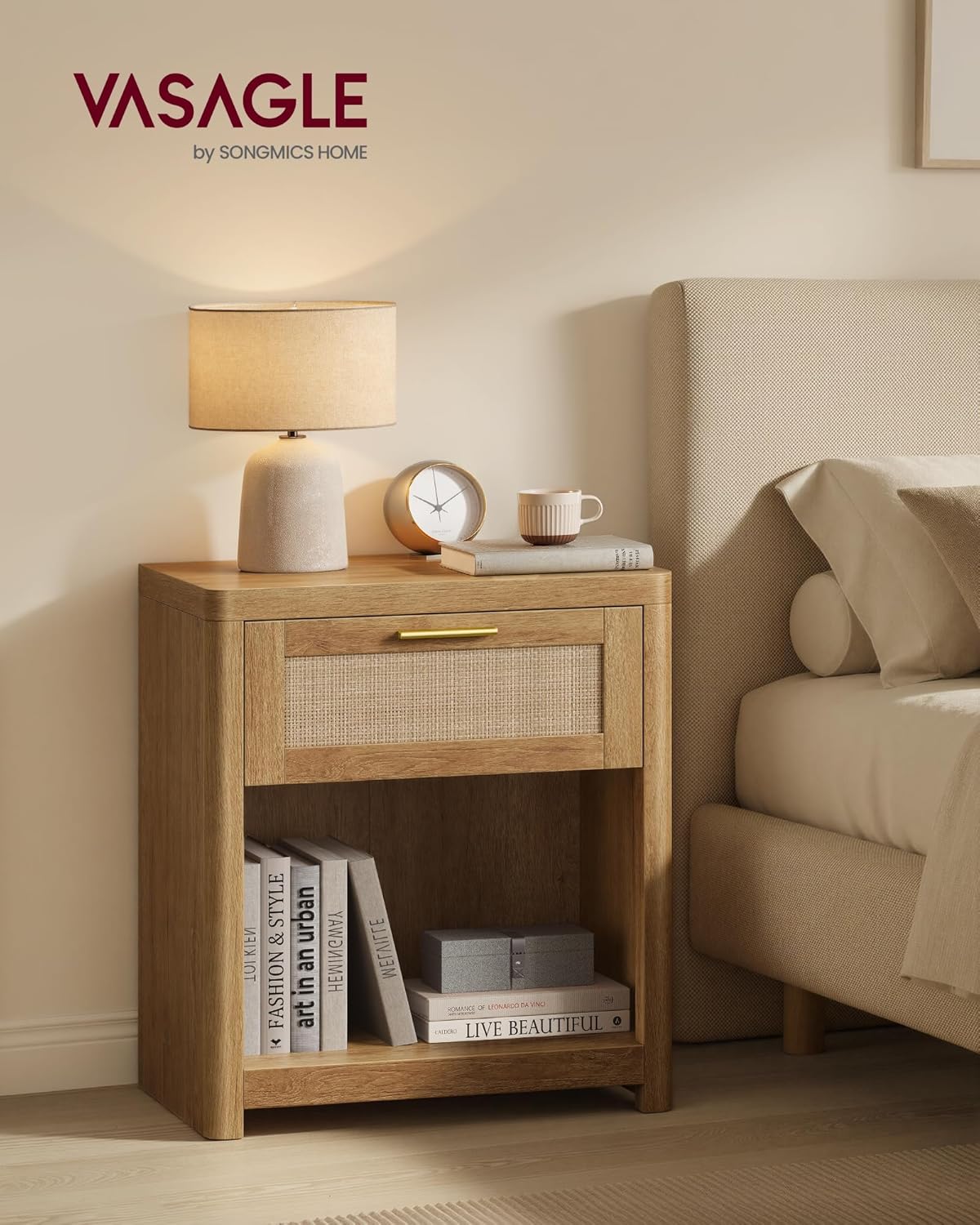Boho Nightstands with Rattan-Look Drawer