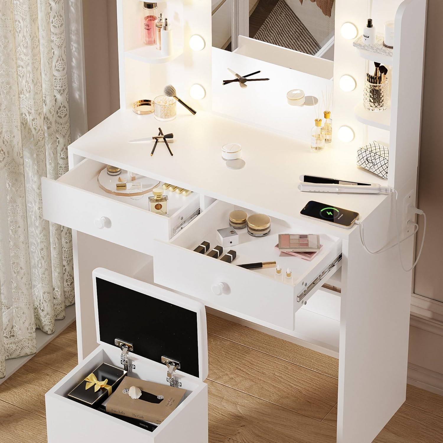 Haewon White Vanity Desk with Mirror and Lights - Canva Home