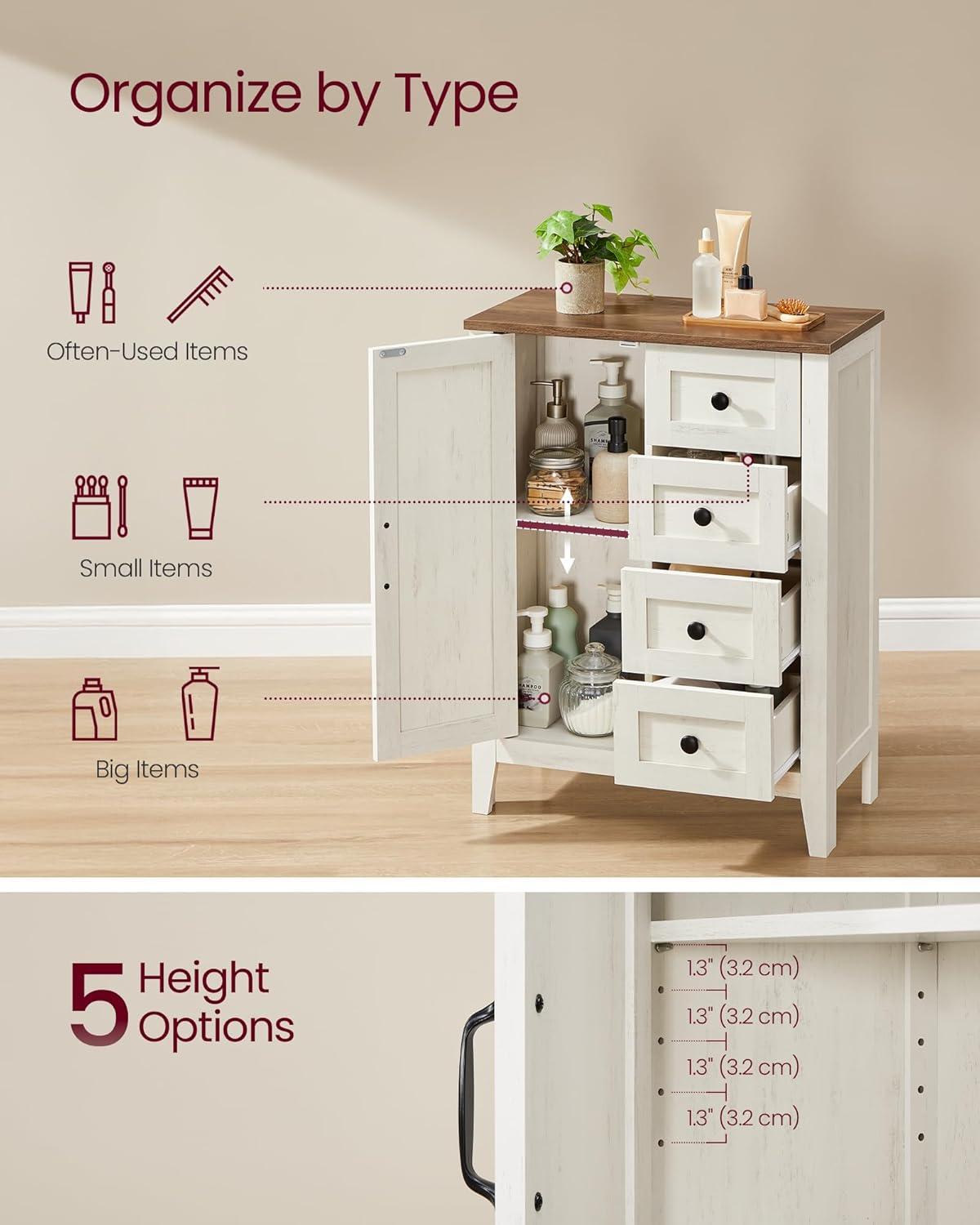 Farmhouse Bathroom Floor Cabinet with 4 Drawers