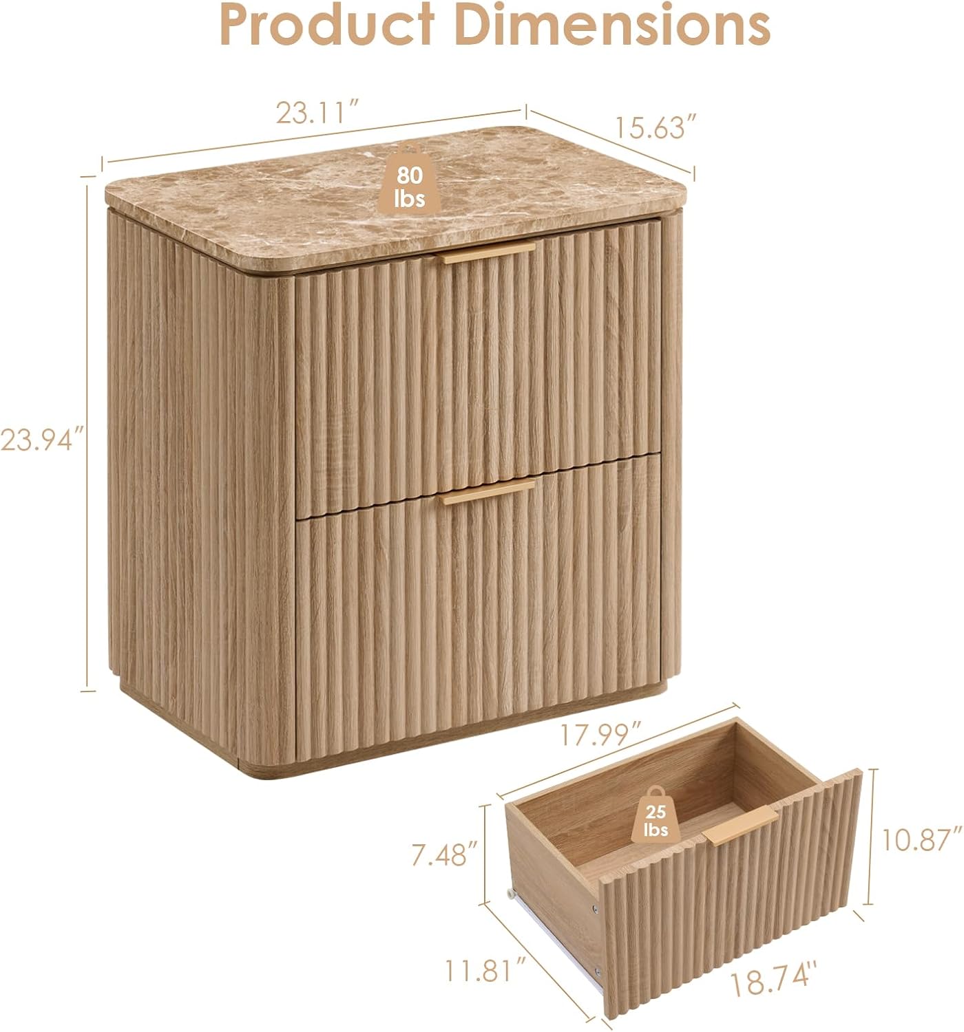 Fluted Nightstand Set of 2, 23" W Night Stand with 2 Drawers - Canva Home