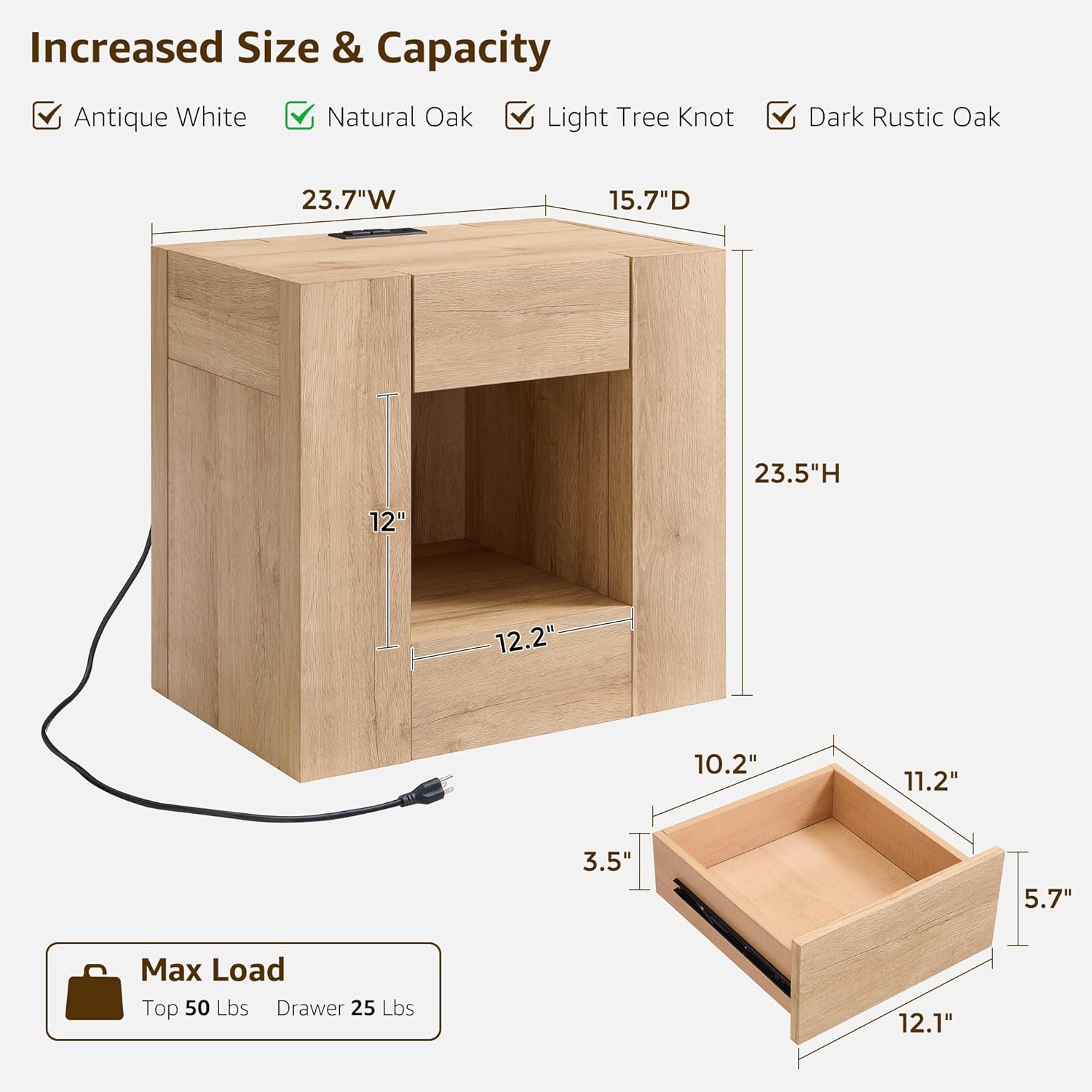 24" Large Bedside Table Modern Nightstand with Charging Station - Canva Home