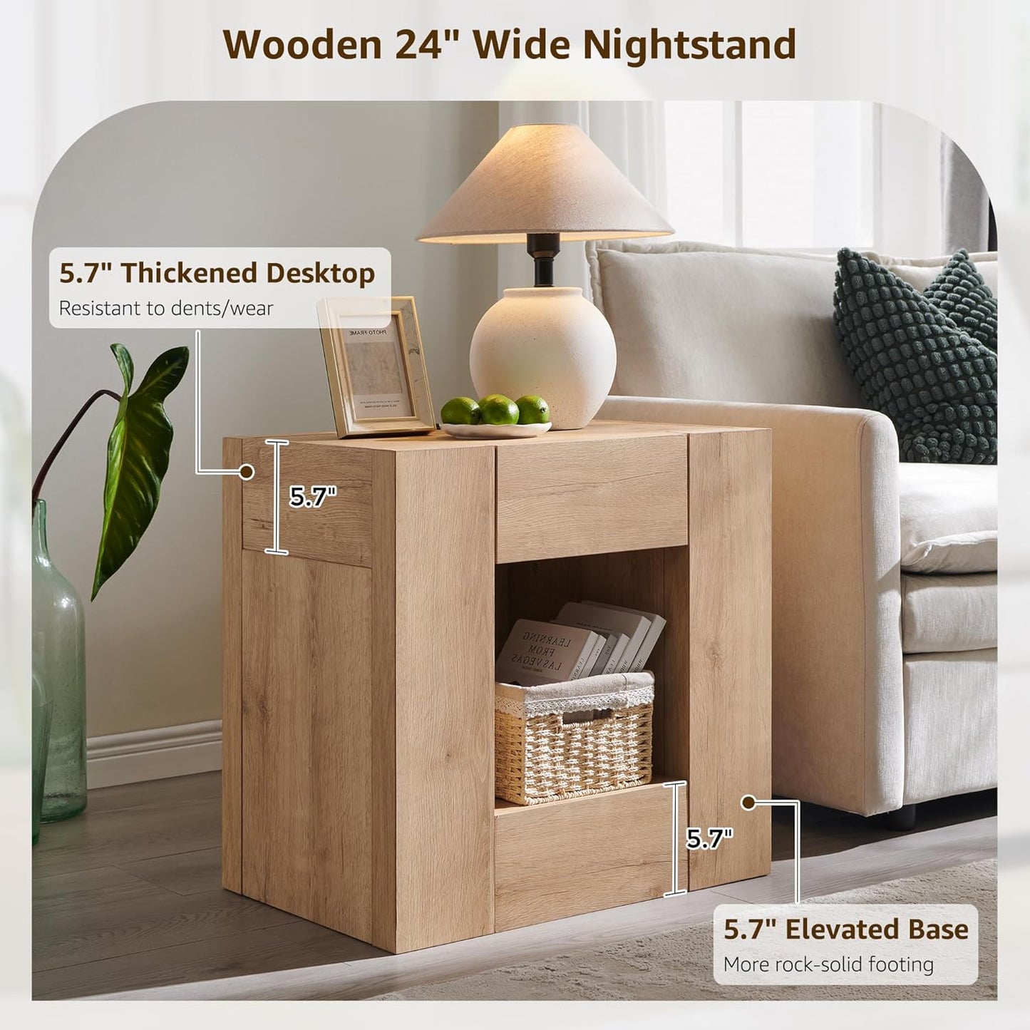 24" Large Bedside Table Modern Nightstand with Charging Station - Canva Home