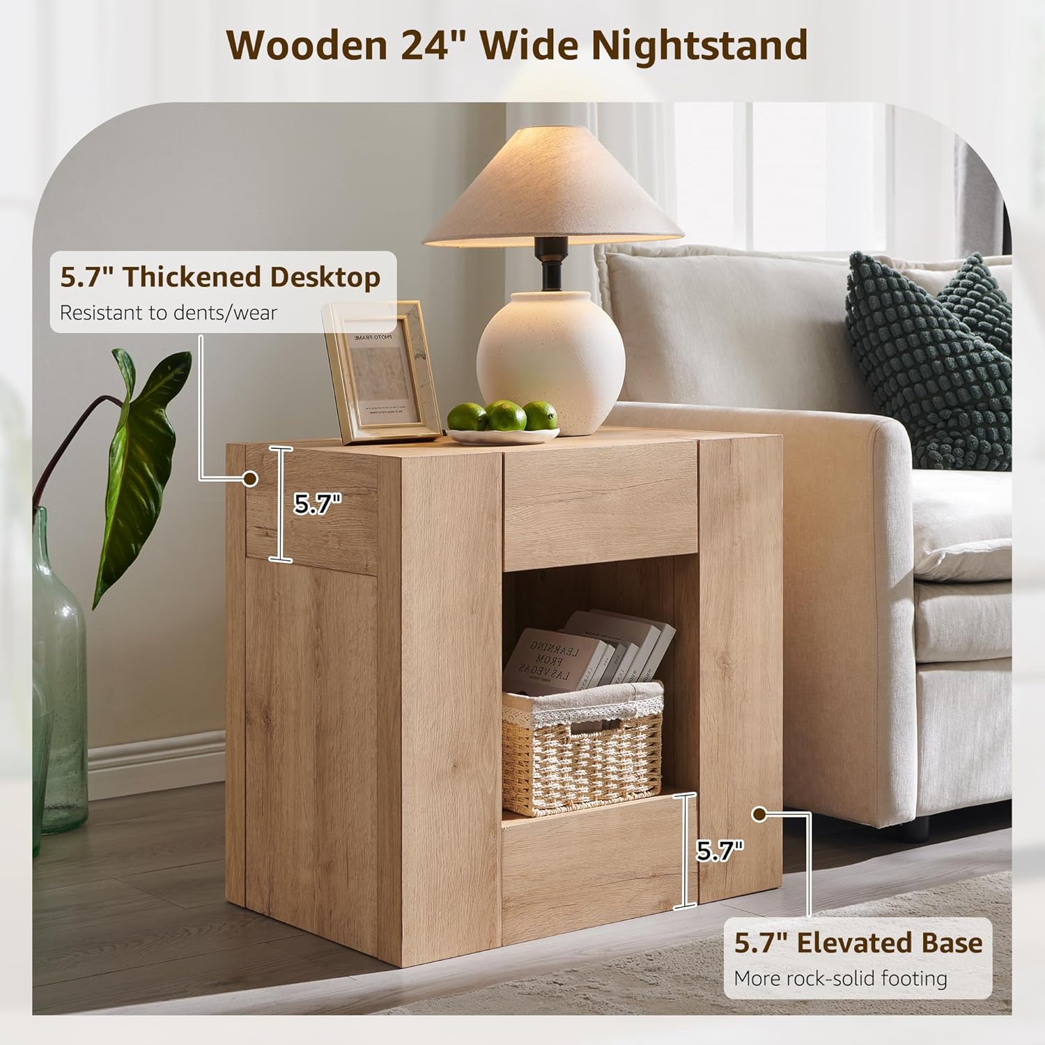 24" Large Bedside Table Modern Nightstand with Charging Station - Canva Home