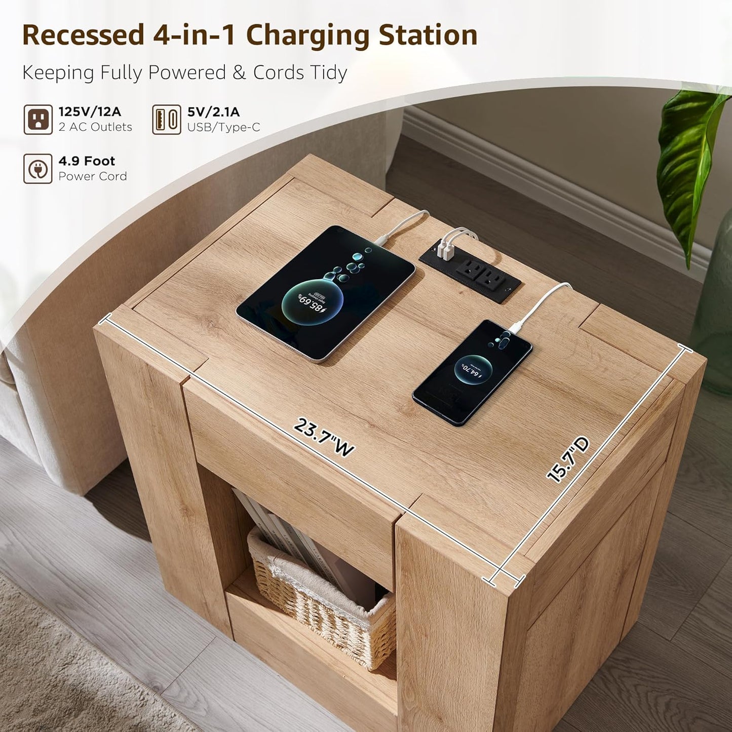 24" Large Bedside Table Modern Nightstand with Charging Station - Canva Home
