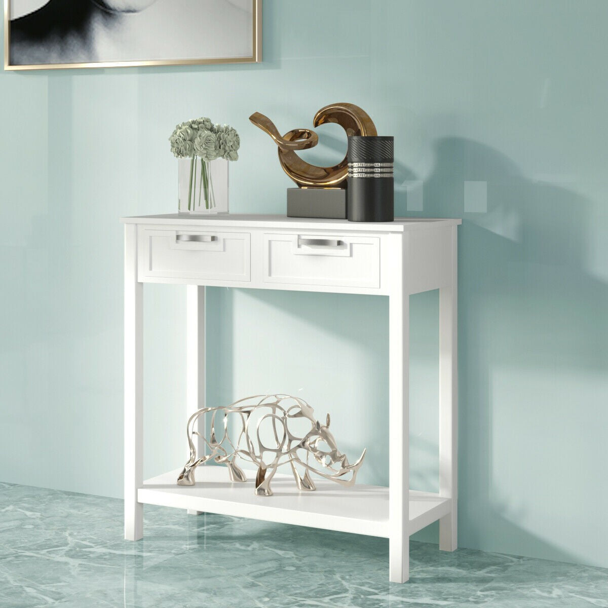 Livia 32" Small Narrow Console Table with 2 Drawers & Shelf, White