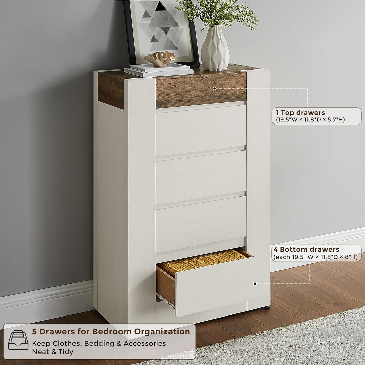 Whie 48" Modern 5 Drawers Dresser for Bedroom - Canva Home