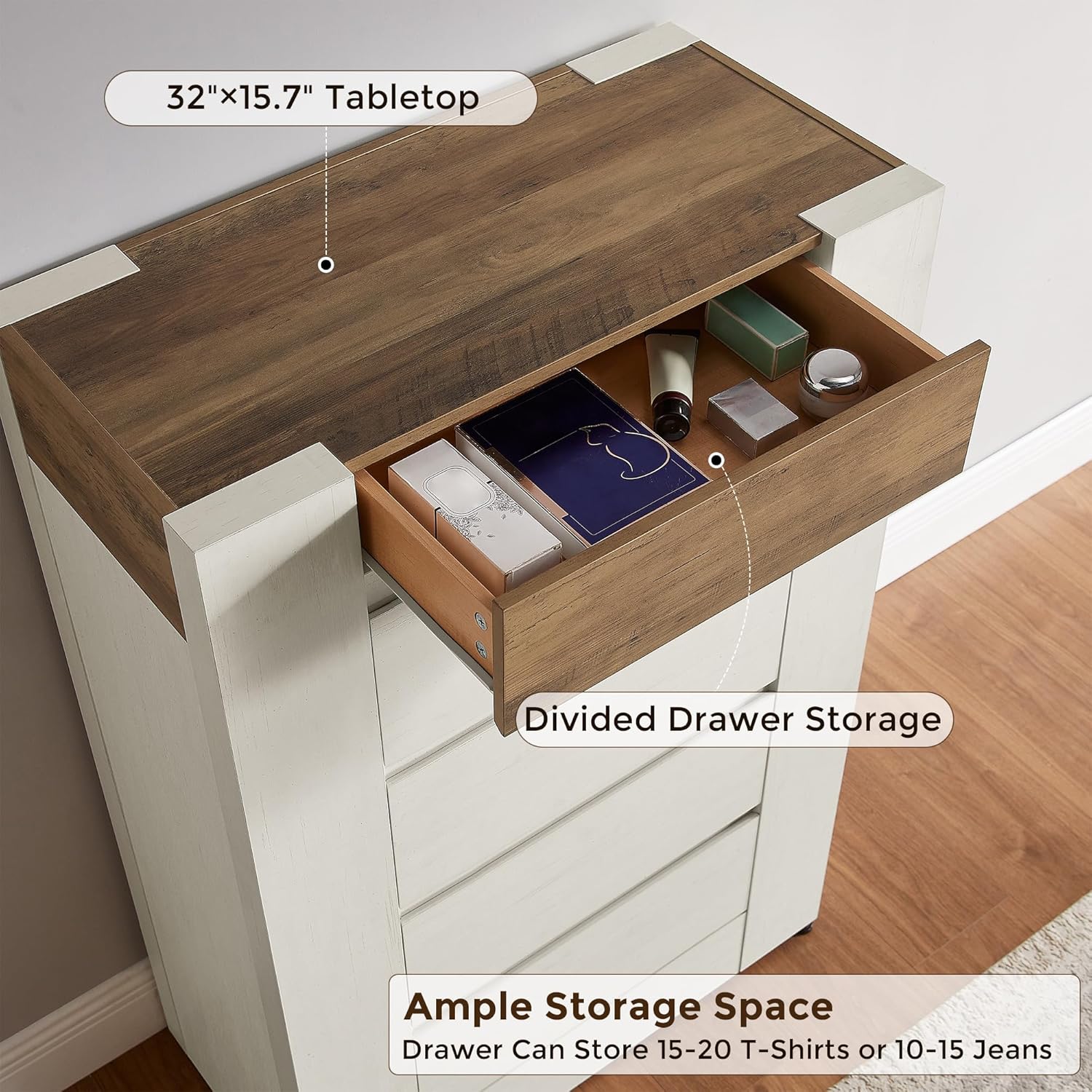 Whie 48" Modern 5 Drawers Dresser for Bedroom - Canva Home