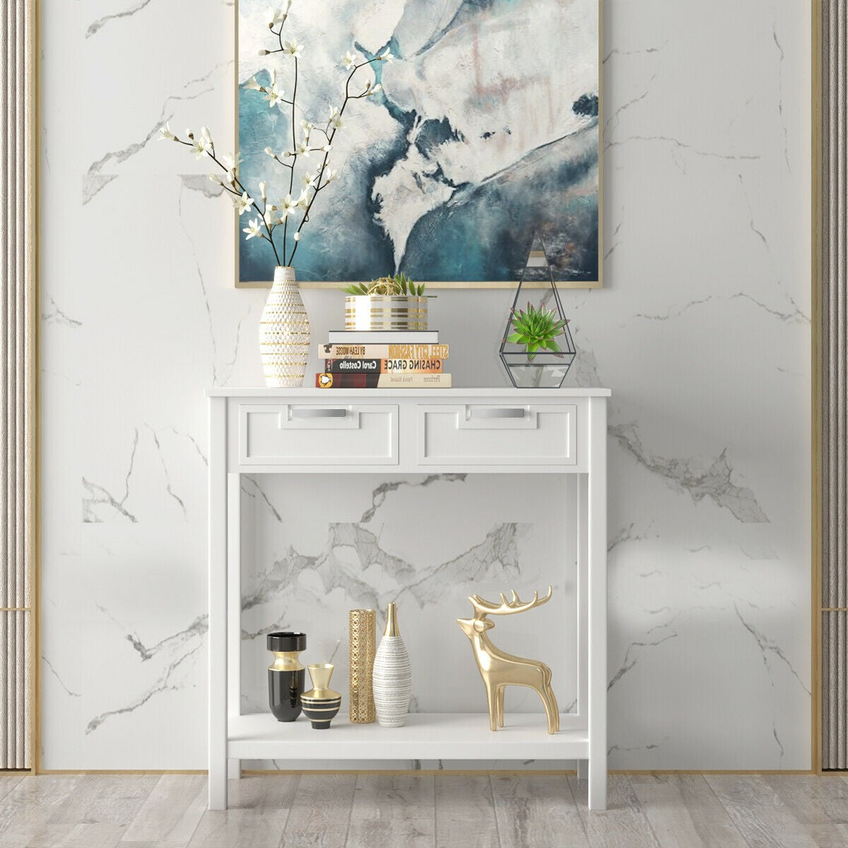 Livia 32" Small Narrow Console Table with 2 Drawers & Shelf, White