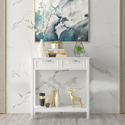 Livia 32" Small Narrow Console Table with 2 Drawers & Shelf, White