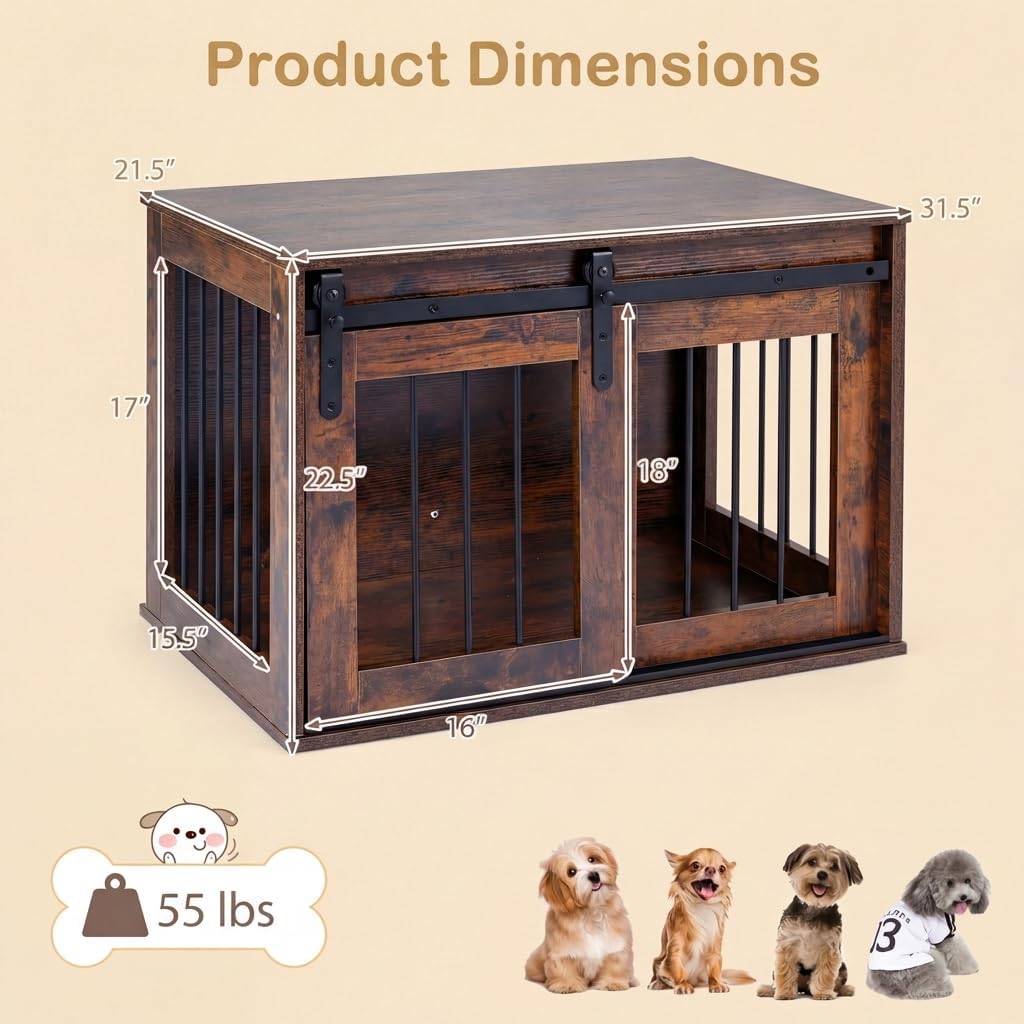 Maisie 31.5" Dog Crate End Table with Sliding Barn Door, Rustic Brown
