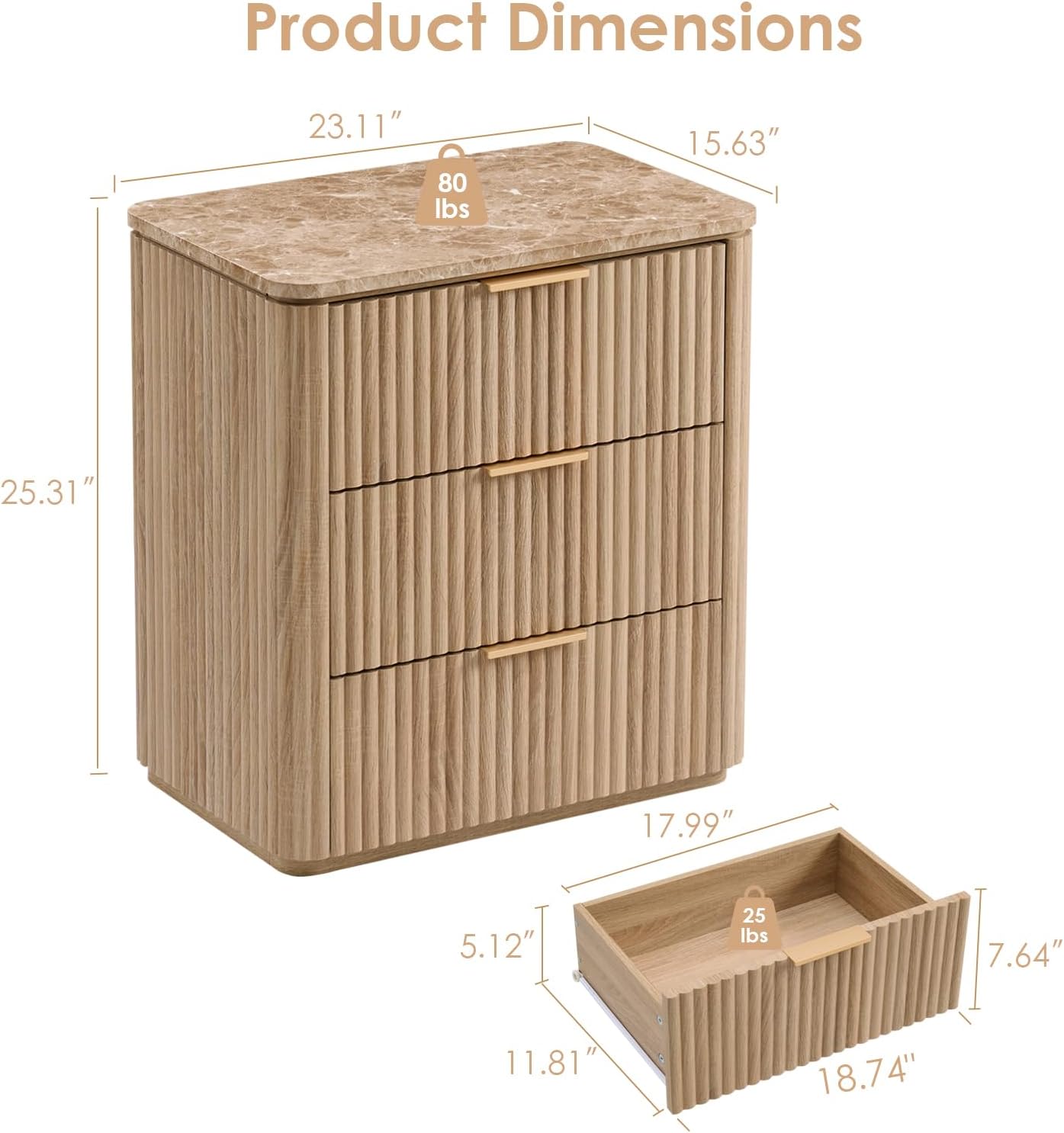 Fluted Night Stand, 23"W Nightstand with 3 Drawers - Canva Home