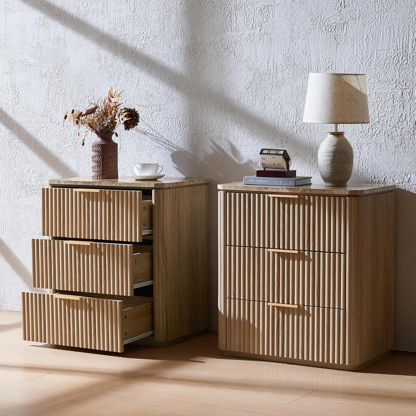 Fluted Night Stand, 23"W Nightstand with 3 Drawers - Canva Home