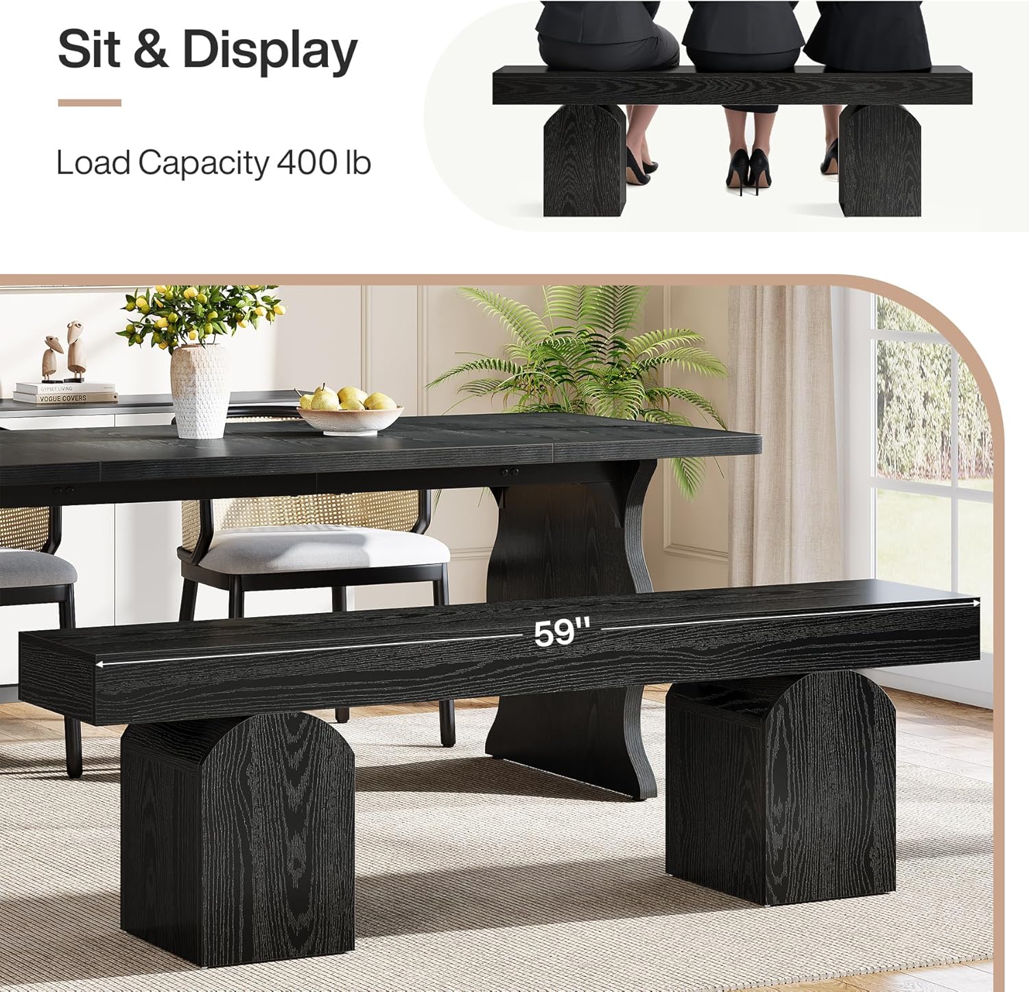 59" Modern Black Dining Bench for 2 to 3 - Canva Home