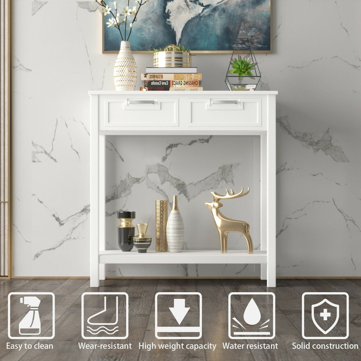 Livia 32" Small Narrow Console Table with 2 Drawers & Shelf, White