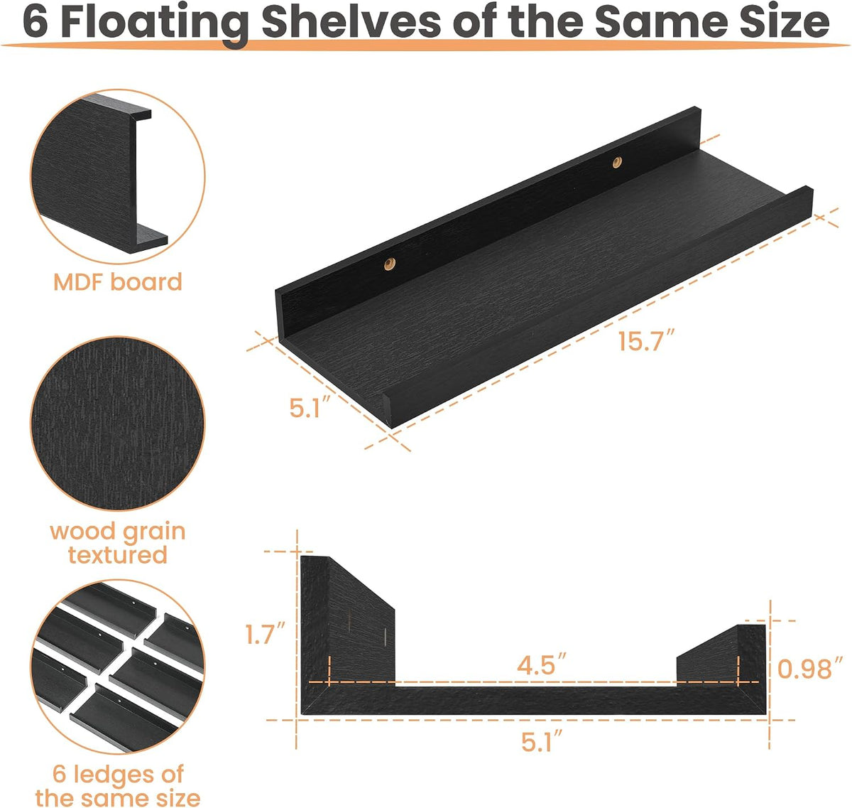 Delphine Floating Shelves Black 6-Pack 15.7in