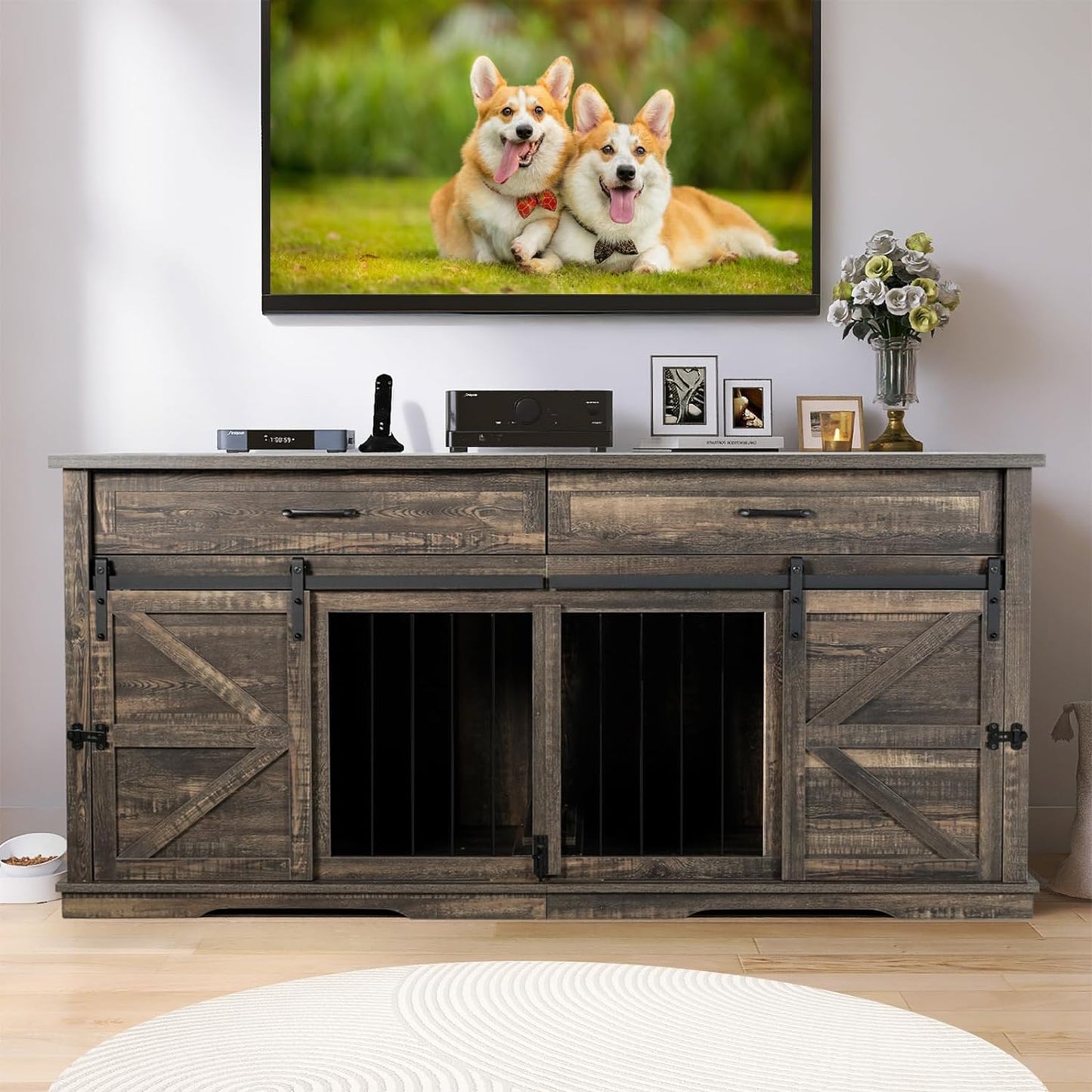 Rustic Double Dog Crate Furniture For 2 Dogs