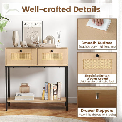 Odessa Boho Rattan Narrow Entryway Table with 2 Drawers