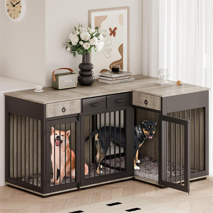 Rustic Double Dog Crate Furniture For 2 Dogs