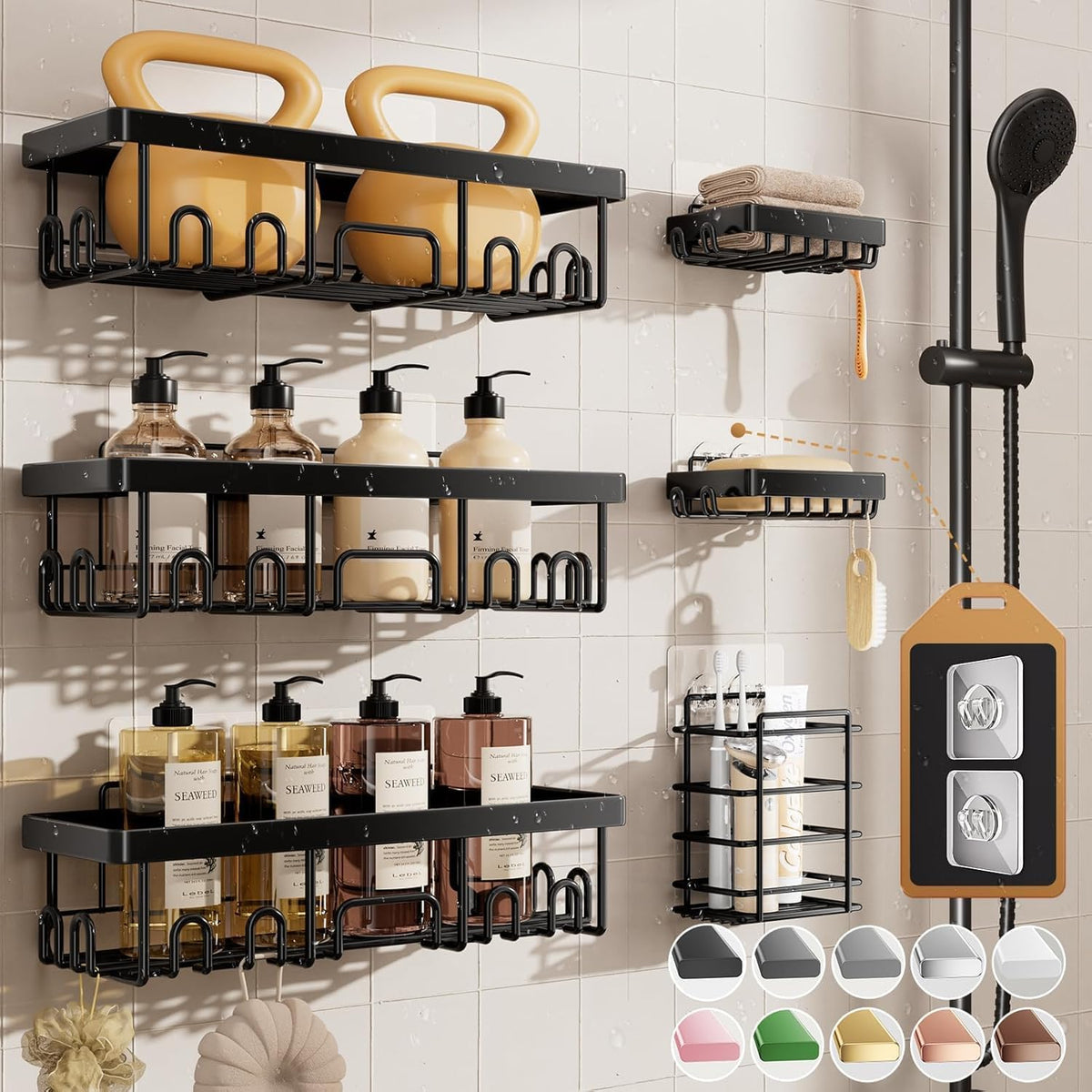 Lola Adhesive Shower Caddy 6-Pack Black