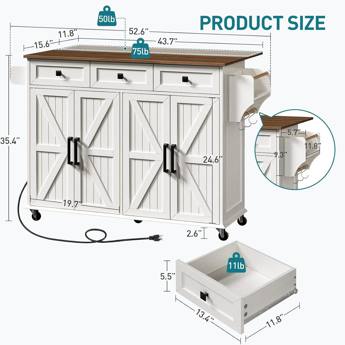 Nolan Rolling Kitchen Island with Drop Leaf & Power Outlet