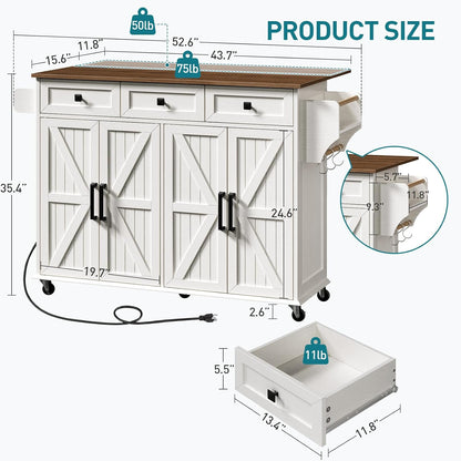 Nolan Rolling Kitchen Island with Drop Leaf & Power Outlet