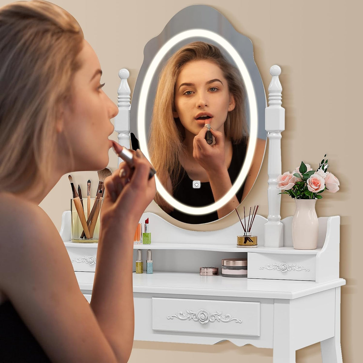 Celine Vanity Desk Set with LED Mirror and Stool