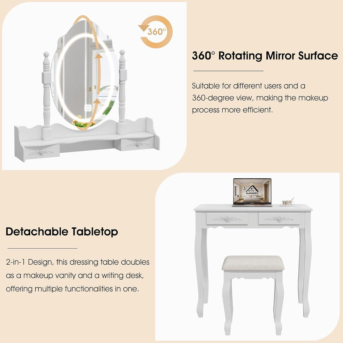 Celine Vanity Desk Set with LED Mirror and Stool
