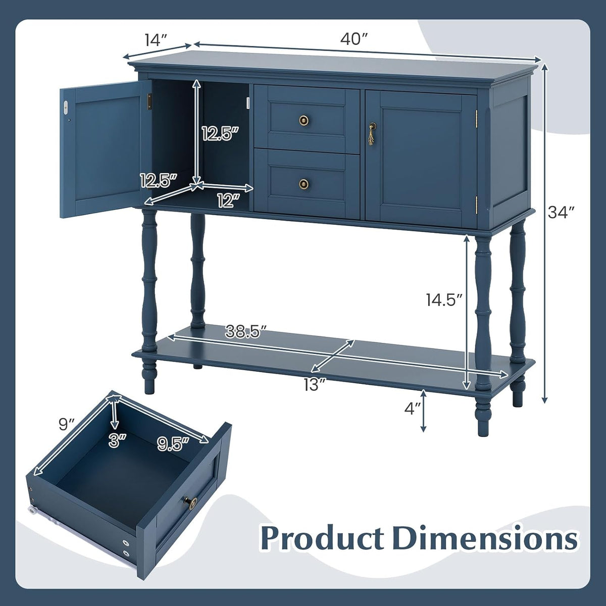 Sylvia 40" Console Table with 2 Drawers & 2 Cabinets, Navy Blue