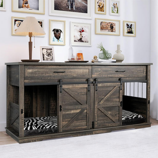 Rustic Double Dog Crate Furniture For 2 Dogs