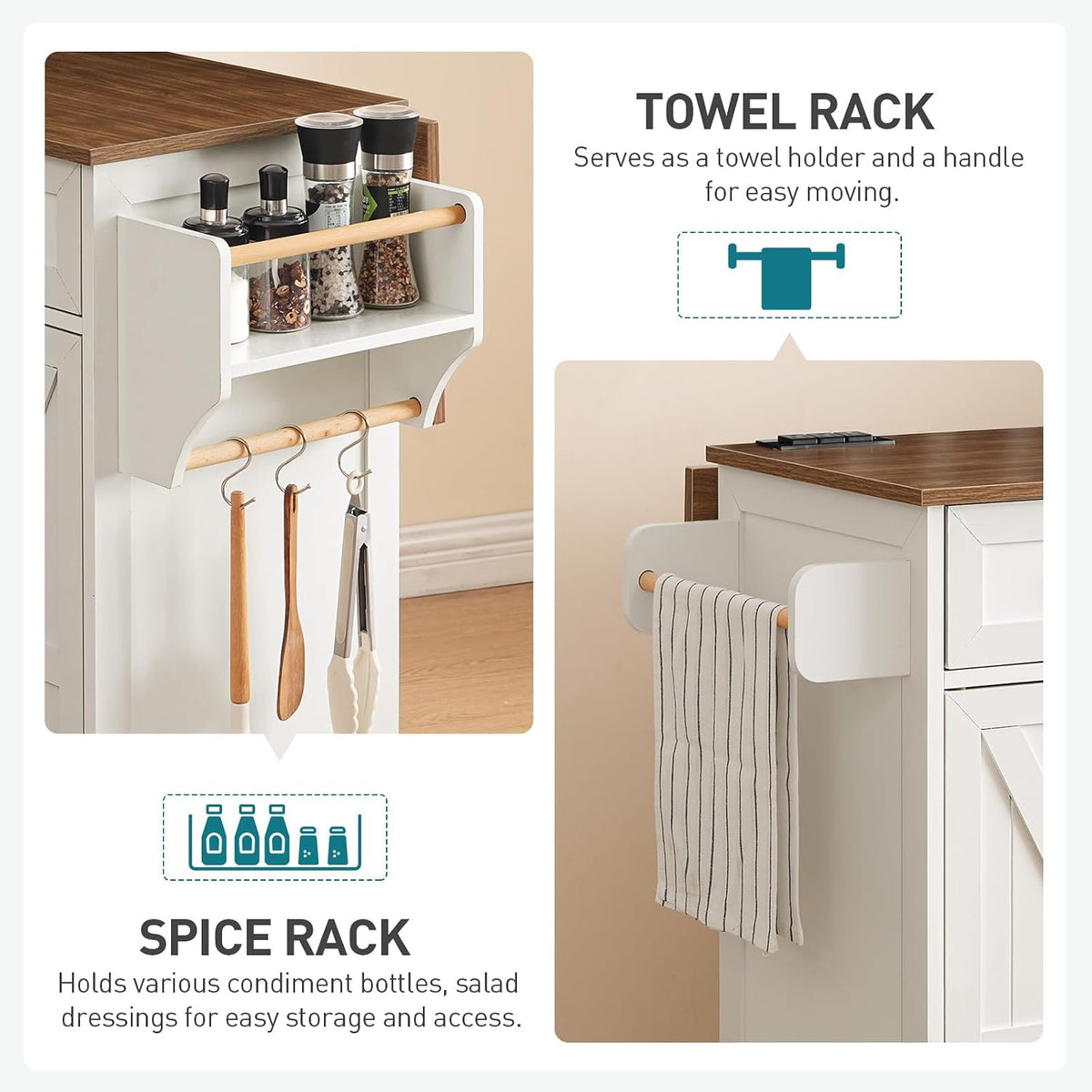 Nolan Rolling Kitchen Island with Drop Leaf & Power Outlet