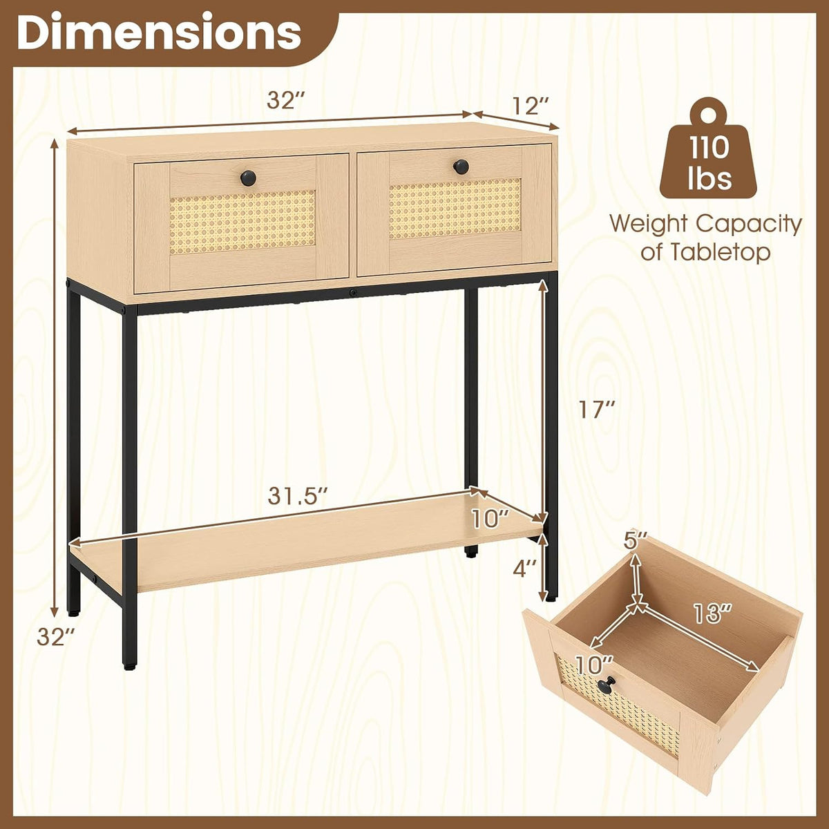 Odessa Boho Rattan Narrow Entryway Table with 2 Drawers