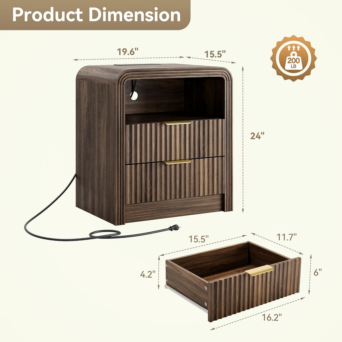 Juno Walnut Fluted Nightstand Set of 2 with Charging Station