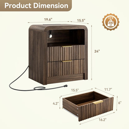 Juno Walnut Fluted Nightstand Set of 2 with Charging Station
