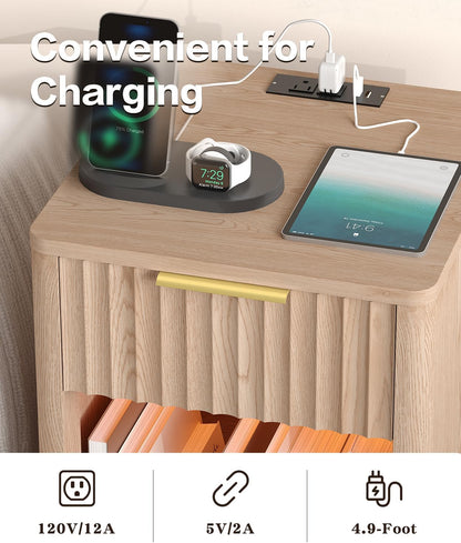Sloane Fluted Nightstand Set of 2 with Charging Station