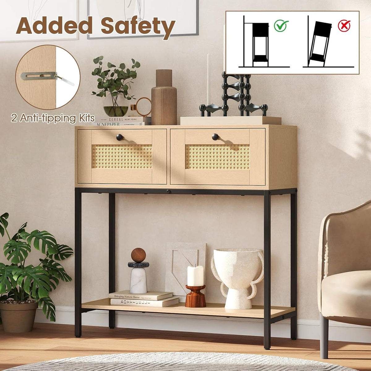 Odessa Boho Rattan Narrow Entryway Table with 2 Drawers